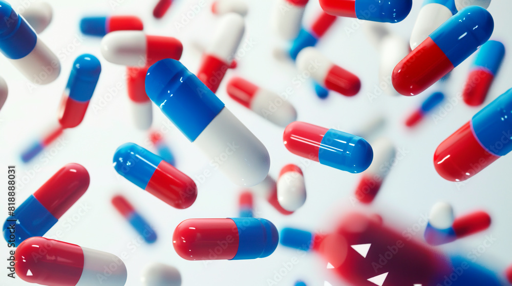 Blue red and white pills and capsules falling on white background Blue red and white pills and capsules falling on white background