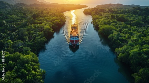 Capture the serenity of a container ship cruising along a tranquil river, with lush forests and verdant landscapes flanking its photo