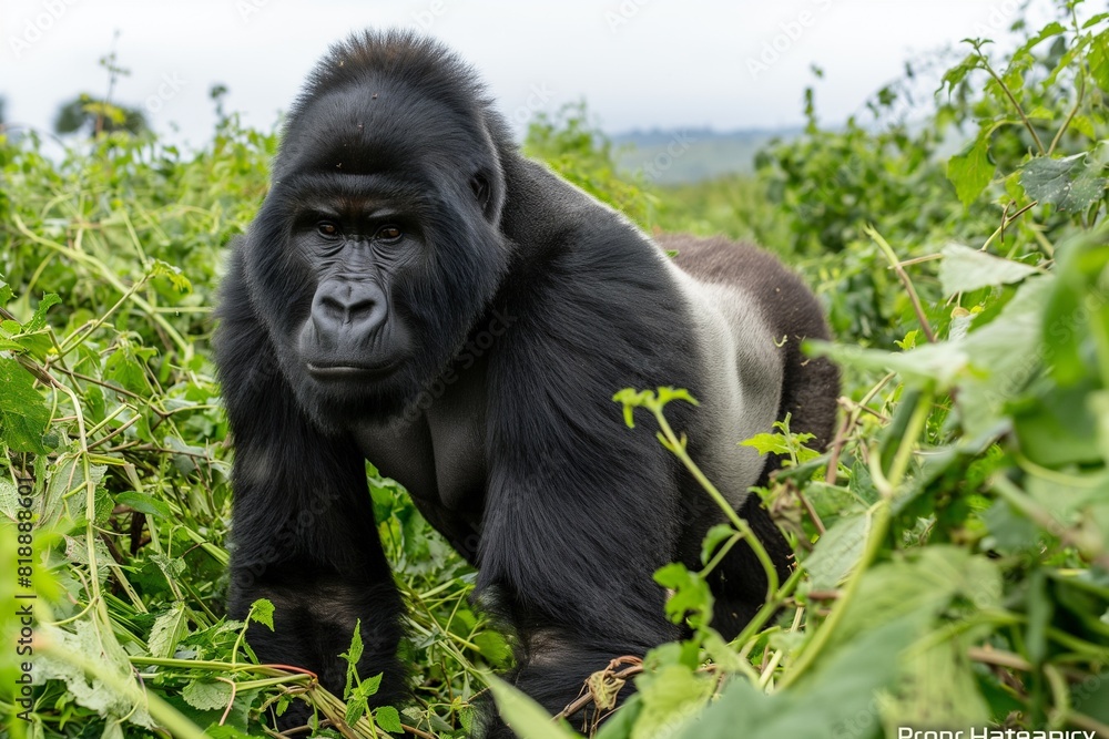 Obraz premium A male silverback gorilla in a jungle hillside habitat. Blurred background. Horizontal. Space for copy. Close up.