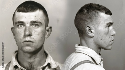 Vintage Police Mugshot of Young Man with Suspenseful Expression from 1930s Era photo