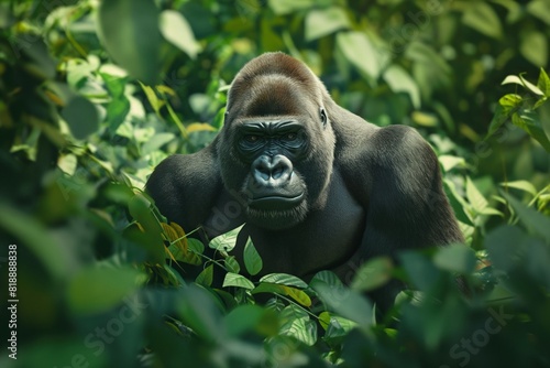 A male silverback gorilla in a jungle hillside habitat. Blurred background. Horizontal. Space for copy. Close up.