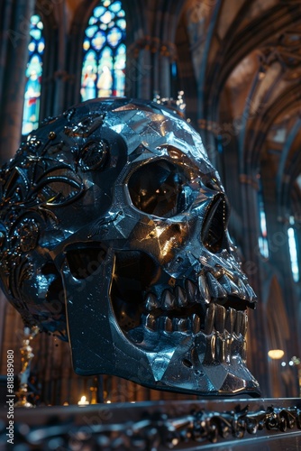 Intricate Metallic Skull in Gothic Cathedral 