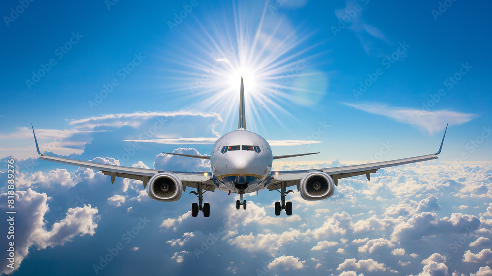 Obraz premium Commercial airline with blue sky and sun on the background