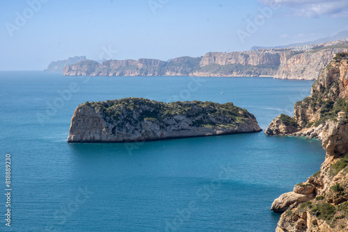 Cap de la Nau, beautiful views of the cliffs and the blue sea of Alicante, on the Gulf of Valencia, Mediterranean Sea, Spain 