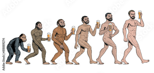Human evolution theory and beer, from monkey to man, isolated on the white background. Human development. Comic style vector illustration. 