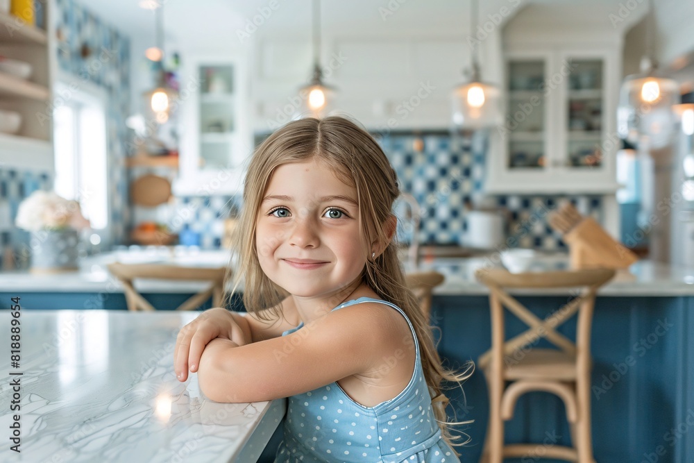 Cheerful Young Girl Smiling in a Bright Kitchen with Modern Decor Cheerful Young Girl Smiling in a Bright Kitchen with Modern Decor