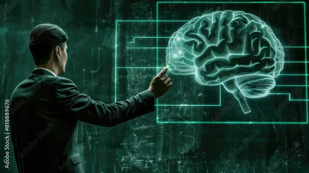 The Mind Revealed: Man Pointing at Intricate Brain Illustration
