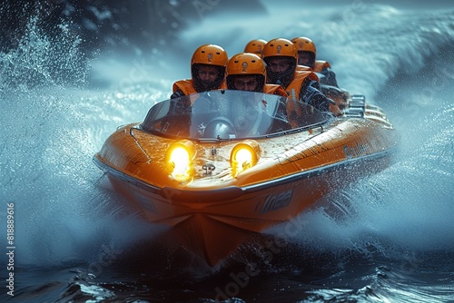 A high-speed jet boat thrilling passengers with exhilarating maneuvers on a fast-flowing river photo