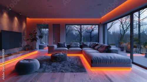 Design a modern living room with a sectional sofa, a smart TV, and LED strips installed along the perimeter of