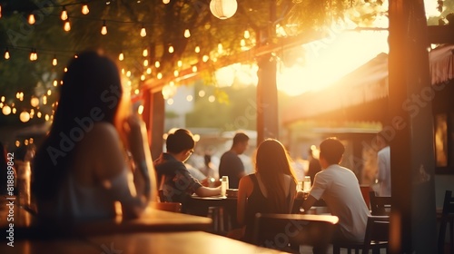 Blurred background of street bar. Beer restaurant outdoor. Generative AI.