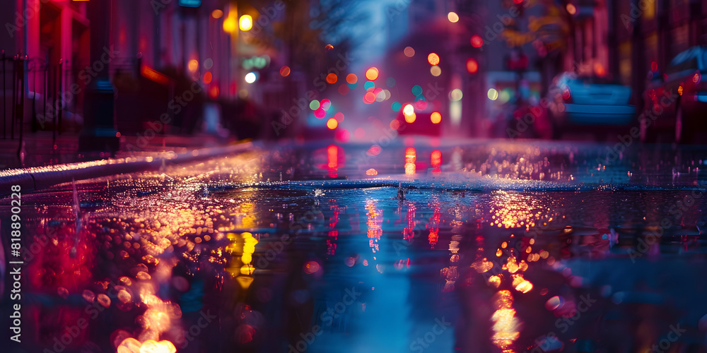 Nighttime urban street with rain-soaked pavement reflecting city lights, moody and atmospheric, suitable for fashion or tech gadgets