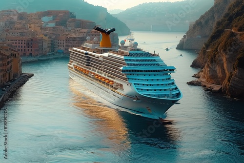 A modern cruise ship departing from a bustling port, ready to embark on an oceanic adventure