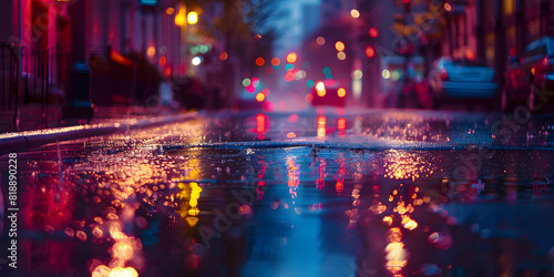 Nighttime urban street with rain-soaked pavement reflecting city lights, moody and atmospheric, suitable for fashion or tech gadgets © Abstract Delusion