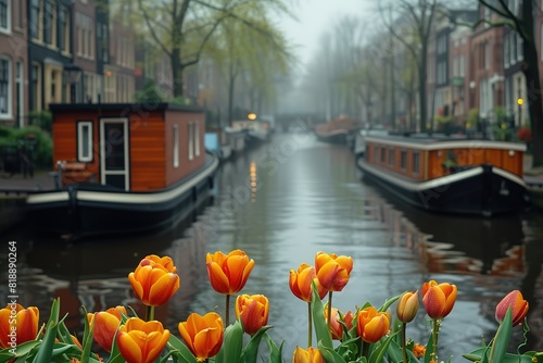 A peaceful canal in Amsterdam, Netherlands, with quaint houseboats lining the water's edge and blooming tulips in the foreground #818890264