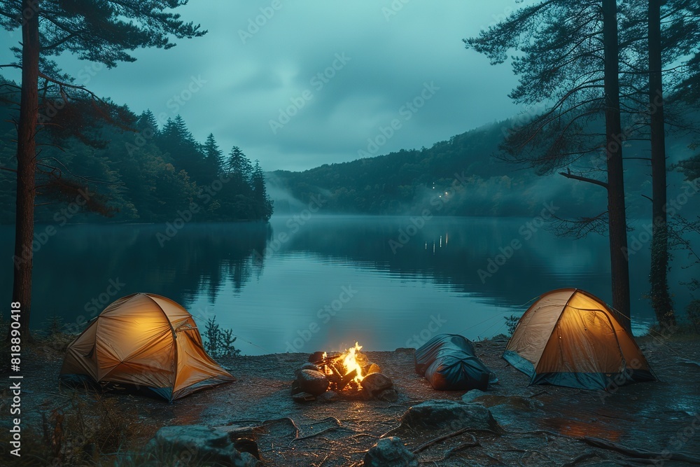 A peaceful lakeside campsite with tents pitched along the shore, a campfire crackling in the evening A peaceful lakeside campsite with tents pitched along the shore, a campfire crackling in the evening
