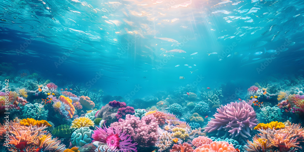 Fototapeta premium Background of a vibrant coral reef, colorful and lively, perfect for aquatic sports equipment or marine conservation campaigns