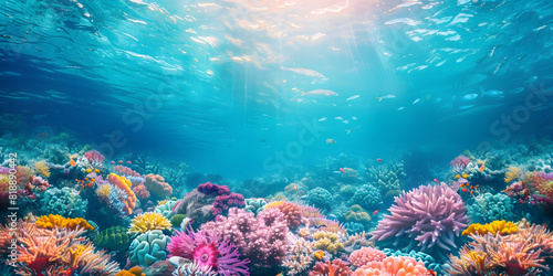 Background of a vibrant coral reef, colorful and lively, perfect for aquatic sports equipment or marine conservation campaigns