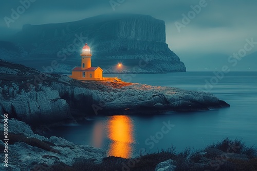 A picturesque lighthouse guiding ships safely through a rocky coastline at twilight