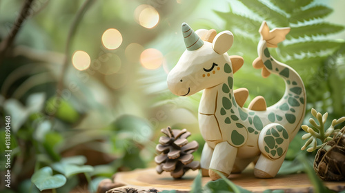 Cute Wooden Dragon Doll Painted with Pastel Colors, Soft Blurry Green Background with Copyspace photo