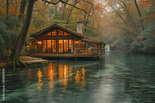A rustic wooden cabin on stilts over a serene river, offering a secluded retreat surrounded by nature's beauty photo