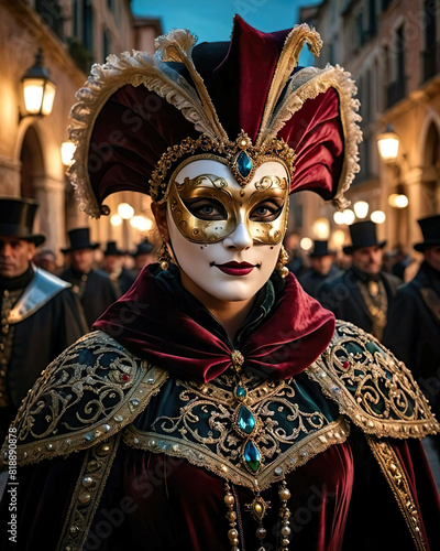 Retrato mujer vestida de carnaval con máscara capa y sombrero en una calle photo