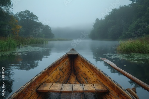 A serene rowboat excursion on a misty morning, the oars dipping quietly into a calm, reflective pond