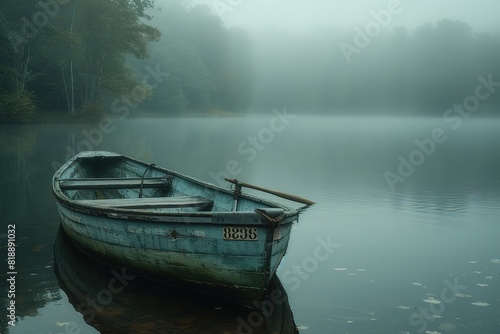 A serene rowboat excursion on a misty morning, the oars dipping quietly into a calm, reflective pond