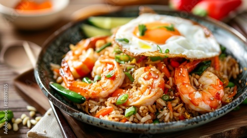 Tempting plate of Thai fried rice with prawns, vegetables, and a fried egg on top