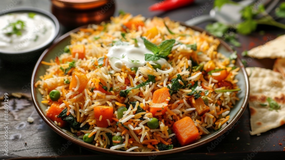 Tempting plate of vegetable biryani with a side of mixed raita and papad Tempting plate of vegetable biryani with a side of mixed raita and papad