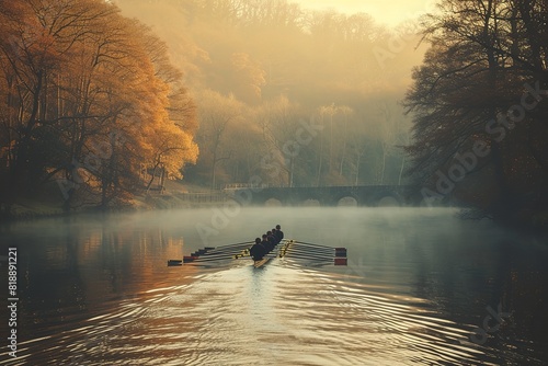 A serene rowing competition on a calm lake, rowers gliding in unison as they chase victory