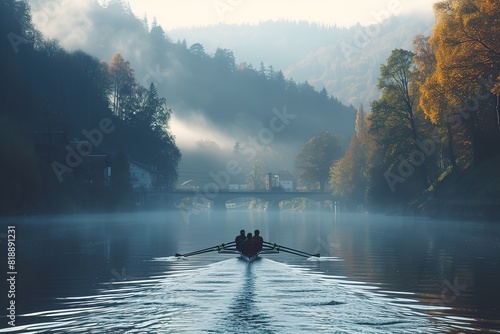 A serene rowing competition on a calm lake, rowers gliding in unison as they chase victory photo