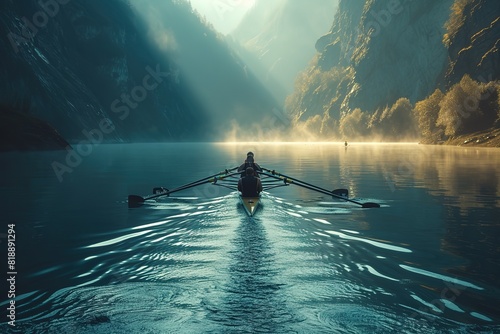 A serene rowing competition on a calm lake, rowers gliding in unison as they chase victory