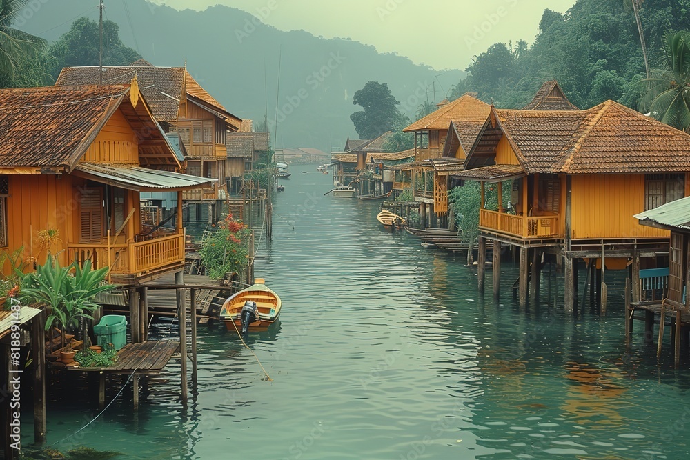 Naklejka premium A traditional fishing village in Southeast Asia, with stilted houses perched above the water and boats docked below