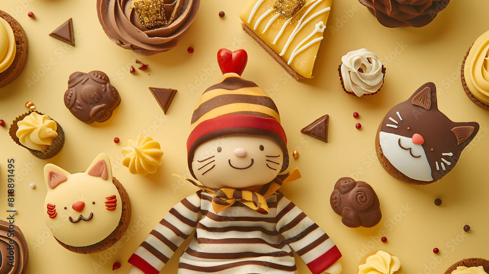 Obraz premium Cute Little Boy Doll Lie Around Cat’s Face Shaped Cakes in Yellow Flatlay Background