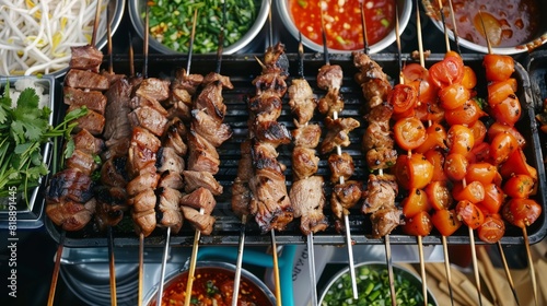 Thai street food scene with skewers of grilled meat, fresh herbs, and dipping sauces