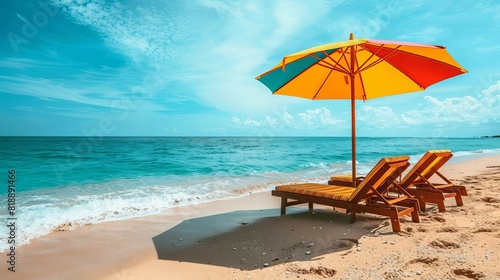 Two beach chairs sit under a rainbow umbrella on a white sand beach. The ocean is a bright blue and the sky is mostly blue with whisps of white clouds. photo