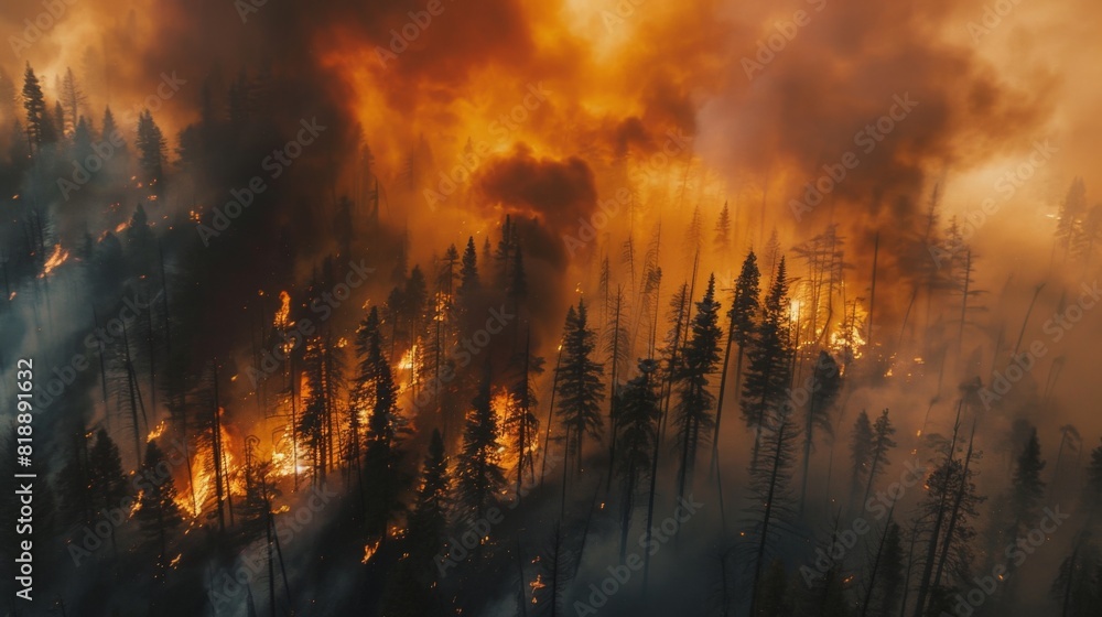 Thick smoke billowing from burning trees during a devastating forest fire