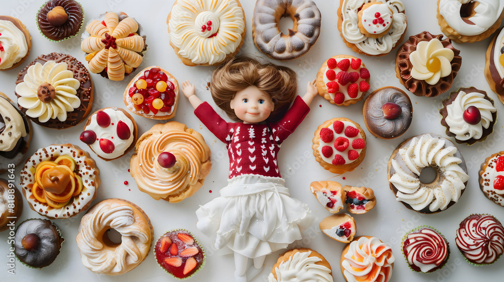 Little Girl Doll Lying in the Middle of Various Fruitcakes, Small and Medium Sized Business Idea Little Girl Doll Lying in the Middle of Various Fruitcakes, Small and Medium Sized Business Idea