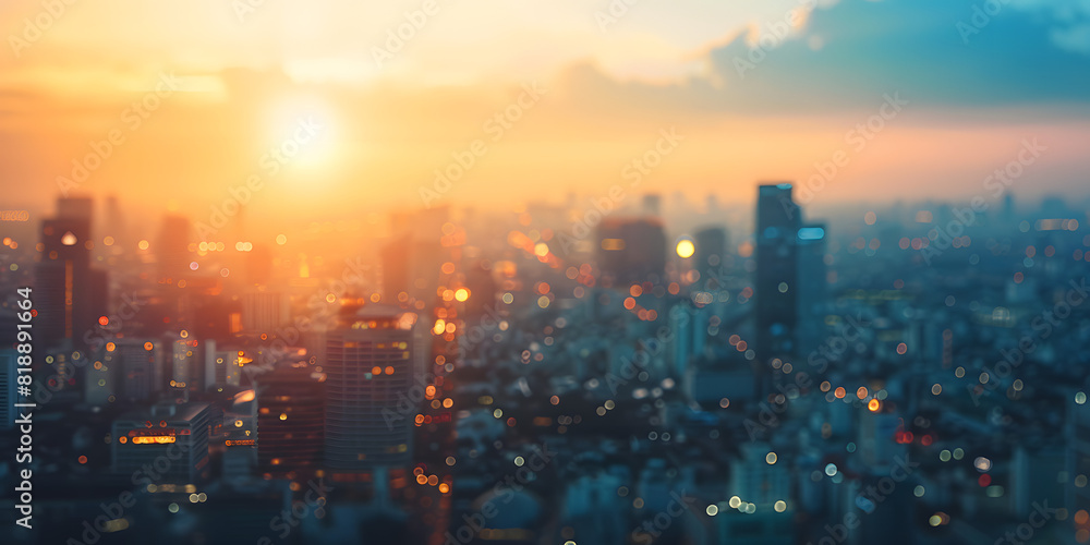 Background of a blurred city skyline at golden hour, evoking a busy, urban feel, perfect for lifestyle products or corporate promotional materials