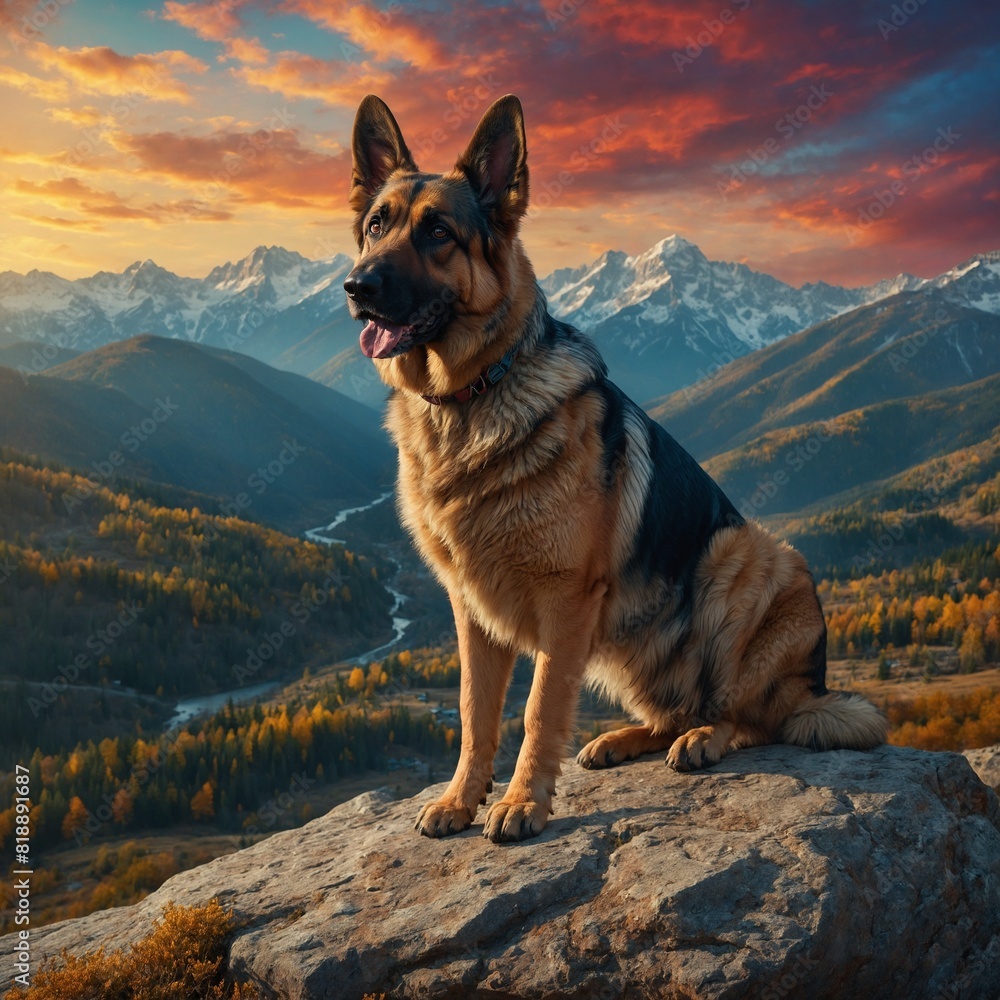 A loyal and Intelligent German Shepherd stands on a rock, mountain background A loyal and Intelligent German Shepherd stands on a rock, mountain background