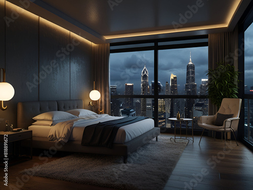 A peaceful bedroom, surrounded by the sound of rain and the twinkling lights of the city.