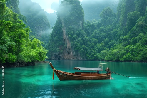 A traditional Thai long tail boat gracefully navigating through the emerald waters of Phang Nga Bay photo