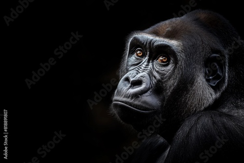 A close-up portrait of a gorilla, isolated against a black background. Horizontal. Space for copy. © Mark G