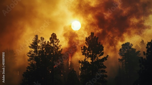 Thick smoke obscuring the sun as flames engulf trees in a fierce forest fire photo