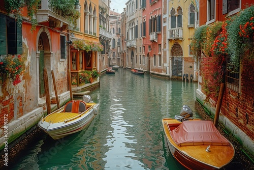 A tranquil canal in Venice, Italy, lined with historic buildings, as a gondola glides gracefully through the water