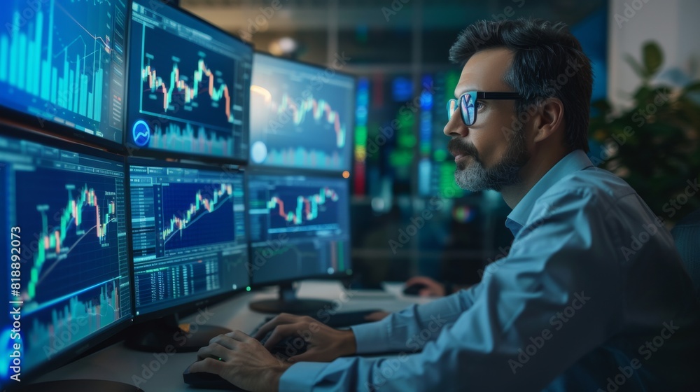 Trader monitoring gold price graphs on multiple screens in a busy trading floor Trader monitoring gold price graphs on multiple screens in a busy trading floor