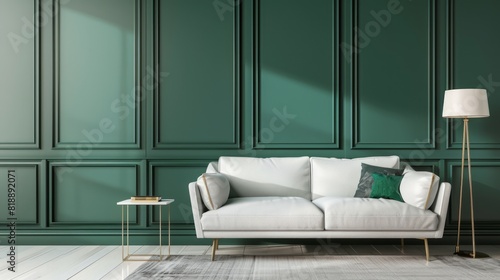 Living room interior wall mockup in bright tones with have sofa and lamp with tosca green panel wall background. 