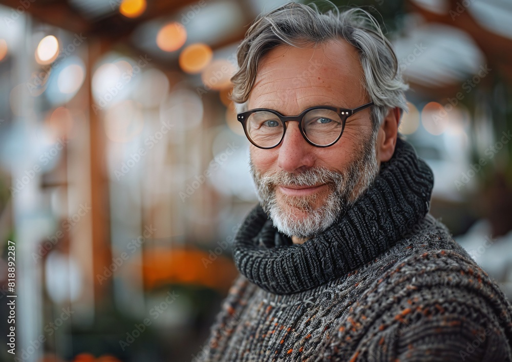 Smiling Older Man in Glasses and Warm Sweater in Cozy Indoor Setting Smiling Older Man in Glasses and Warm Sweater in Cozy Indoor Setting