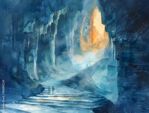 Watercolor wallpaper depicting a sunlight-dappled entrance to a larger, dark blue ice cave in winter