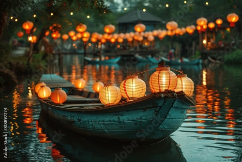 A tranquil rowboat adorned with colorful paper lanterns, floating on a calm pond during a traditional festival © create